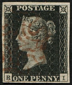 #166 GB 1840 1d black plate 1b RI RETOUCHED CHECK LETTERS vfu light red MX
