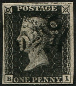 #181 GB 1840 1d black plate 11 BI vfu four fine-large margins light part black MX