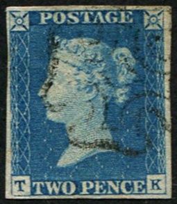 #186 GB 1840 2d blue plate 1 TK vfu light crisp black MX four clear-fine margins