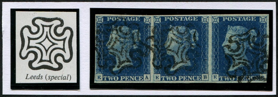 #185 GB 1840 2d blue plate 2 EA-EC sg4 DEEP full BLUE STRIP OF THREE LEEDS