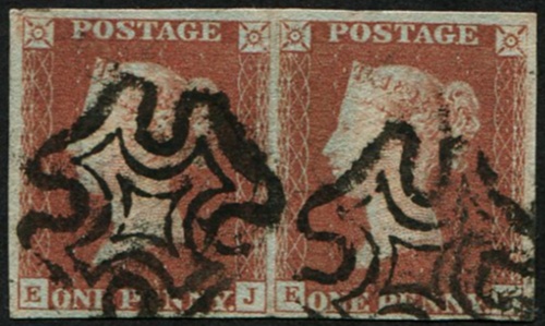 #189 GB 1841 1d red from BLACK plate 9 EJ-EK sg7 PAIR vfu, neat black MX