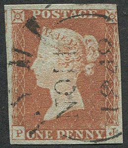 #201 GB 1841 1d red plate 23 ‘PJ’ ‘LYME 1842’ TOWN cds, lovely strike on 3½ margin