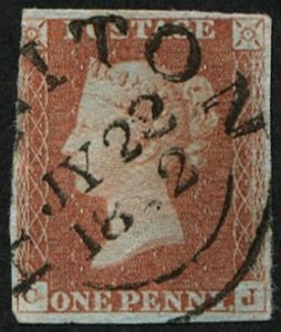 #203 GB 1841 1d red plate 24 CJ vfu HONITON JY 22 1842 TOWN cds fine strike on 3½ mrgn