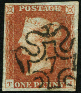 #221 GB 1841 1d red plate 24 TJ vfu '7 in MX', good upright strike 4 good-huge mgns