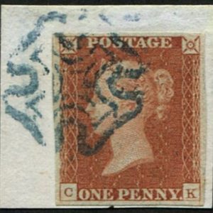 #205 GB 1841 1d red plate 27 CK vfu BLUE MX fine complete strike on piece