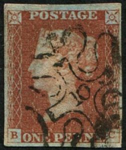 #222 GB 1841 1d red plate 31 BC vfu '10 in MX', fine strikes good 4 margins