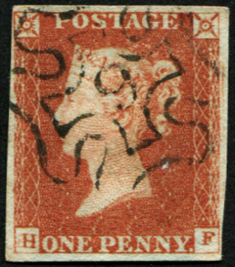 #223 GB 1841 1d red plate 32 HF vfu '9 in MX', super crisp strike 4 fine margins