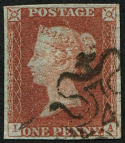 #225 GB 1841 1d red plate 34 IA vfu '4 in MX', good part strike good 4 margins
