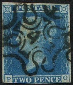 #227 GB 1841 2d blue plate 3 PG vfu, '4 in MX', good strike on three margin