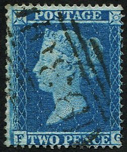 #245 GB 1854 2d blue sg20a plate 5 ‘FG’ vfu extra light ‘930’ York numeral fresh