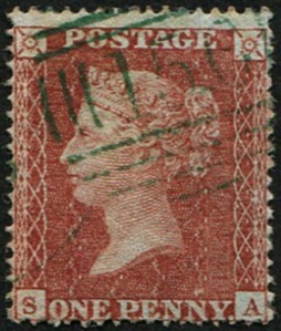 #829 Ireland 1854 1d red sg21 plate 10 SA GREEN IRISH NUMERAL 156 of Cork lovely