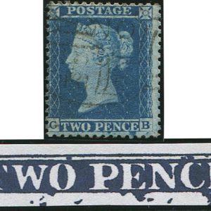 #253 GB 1854 2d blue sg34 plate 5 ‘CB’ RE-ENTRY vfu light numeral clear of variety