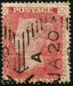 #255 GB 1854 1d red sg36 plate 57 LC fu, PEARSON HILL EXPERIMENTAL CANCEL
