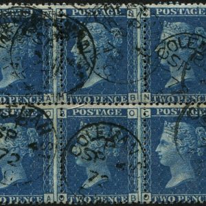 #288 GB 1858 2d blue sg47 plate 14 BLOCK OF SIX vfu, Coleman St 1872 cds