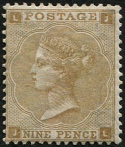 #297 GB 1862 9d sg86 BISTRE vfm, lovely gum, scarcer colour, Brandon cert