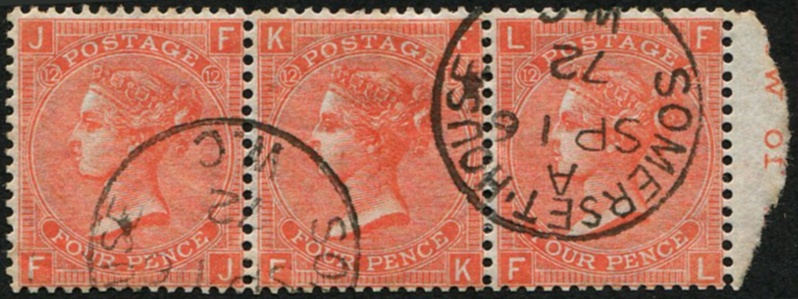 #311 GB 1865 4d sg95 plate 12 DEEP VERMILION STRIP OF THREE vfu