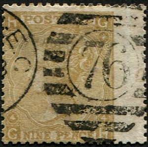 #316 GB 1865 9d sg98a on THICK PAPER fu, London 76 numeral, strong colour