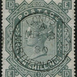 #335 GB 1867 10s GREEN sg128 SUPERB USED, well centred crisp cancel