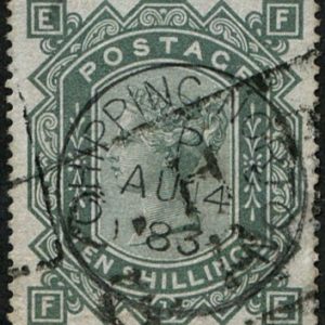 #337 GB 1867 10s GREEN sg131 ANCHOR ON BLUED fu, well centred Chipping Norton 1883