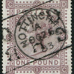 #338 GB 1867 £1 Brown sg132 on BLUED PAPER vfu well centred Nottingham 1883 cds