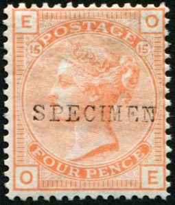 #368 GB 1876 4d Vermilion sg152s OVPT Specimen TYPE 9 vf mint