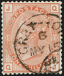 #737 GB Used Abroad 1873 1s Brown sg151 wmk spray vfu GREYTOWN 1881 cds & well