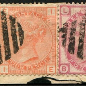 #738 GB Used Abroad 1876 4d Vermilion sg152 + 1s plate 12, 3d plate 17, 3 COLOUR