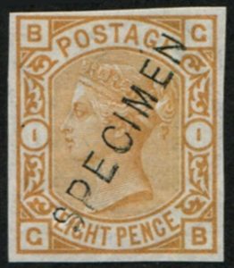 #374 GB 1876 8d sg156 IMPERF COLOUR TRIAL IN BROWN-ORANGE OVPT Specimen TYPE 11 um