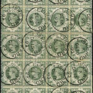 #445 GB 1887 1s Green sg211 PANE OF TWENTY SUPERB USED, Liskeard 1893 cds