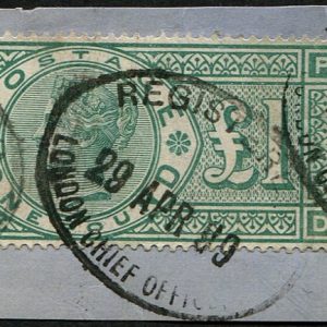 #447 GB 1891 £1 GREEN sg212, 1s sg211 fu tied by London Chief Office 1899 rubber reg cds
