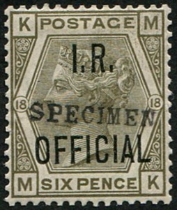 #708 GB Officials 1882 IR 6d grey sgO4s OVPT Specimen TYPE 9 vf mint, well centred