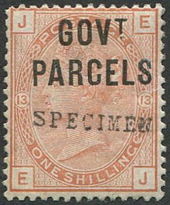 #720 GB Officials 1887 Gov't Parcels 1s sgO64s plate 13 OVPT ‘Specimen’ TYPE 9
