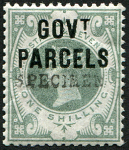 #724 GB Officials 1887 Gov't Parcels 1s sgO68s OVPT ‘Specimen’ TYPE 9 um