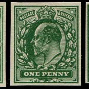 #463 GB 1902 1d sg219 IMPERF PLATE PROOFS TRIO in Bright, Deep & Intense Green