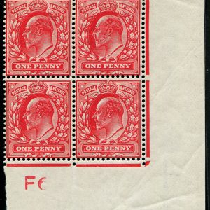 #462 GB 1902 1d sg219 CONTROL ‘F6’ VARIETY part of ‘6’ MISSING in block of 4 um, RPS cert