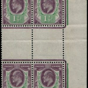 #466 GB 1902 1½d sg221 INTERPANNEAU GUTTER BLOCK OF FOUR vf mint (three um)