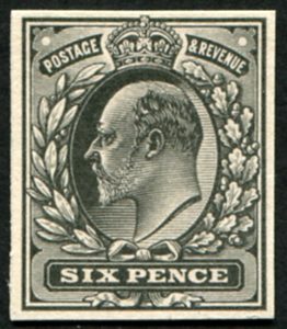 #473 GB 1902 6d sg245 IMPERF PLATE PROOF IN BLACK on thin white card c£160