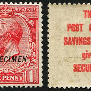 #530 GB 1912 1d sg358 ADVERTISING TRIAL UNDERPRINT in RED ‘THE POST OFFICE SAVINGS