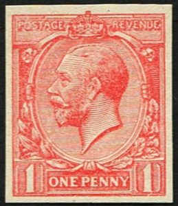 #529 GB 1912 Somerset House (1922) 1d PALE SCARLET COIL TRIAL, IMPERF ON BUFF PAPER