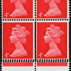 #651 GB 1967 Machin 4d red sg733 DOUBLE PERFING VARIETY in block of 4 um marginal