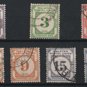 #894 Malaya - Postal Union 1945 Script wmk colour change Postage Dues set of 7 fu sgD7-13 c£110