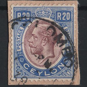 #114 Ceylon 1927 20R dull purple & blue fu on piece sg367 c£475