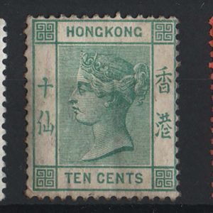 #857 Hong Kong 1882 Wmk CA mint range: 4c grey, 5c blue, 10c green, 10c purple/red, 1900 10c ultramarine