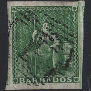 #034 Barbados 1855 (½d) green, white paper vfu, good margins sg8 c£150