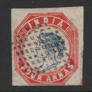 #864 India 1854 4a deep blue & red Head die III, Frame die II sg26 fu