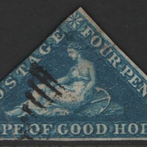 #090 Cape of Good Hope 1855 4d triangular bright blue sg19a used, 2 good margins, repaired c£140