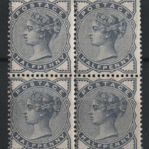 #412 GB 1883 ½d slate sg187 um blk of 4, light gum tone, minor gum fox c£80 as mm singles