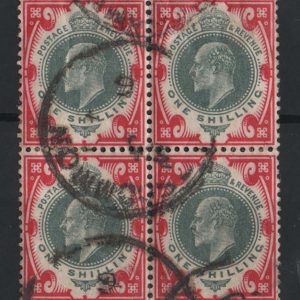#465 GB 1902 1s dull green & carmine sg257 fu blk of 4 c£80 as singles