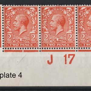 #519 GB 1912 2d orange die I control J17 corner strip of 3 pl 4, um, page adhesion lh margin