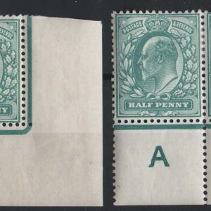#437 GB 1902 ½d blue-green f mint control A corner pair perf H1, ditto H1A sg215